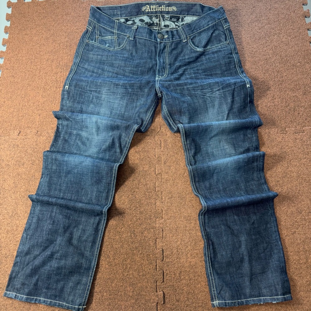 Affliction Mens Jeans 40x34 Dark Wash Skull Top Hat Embroidered Straight Leg Y2K